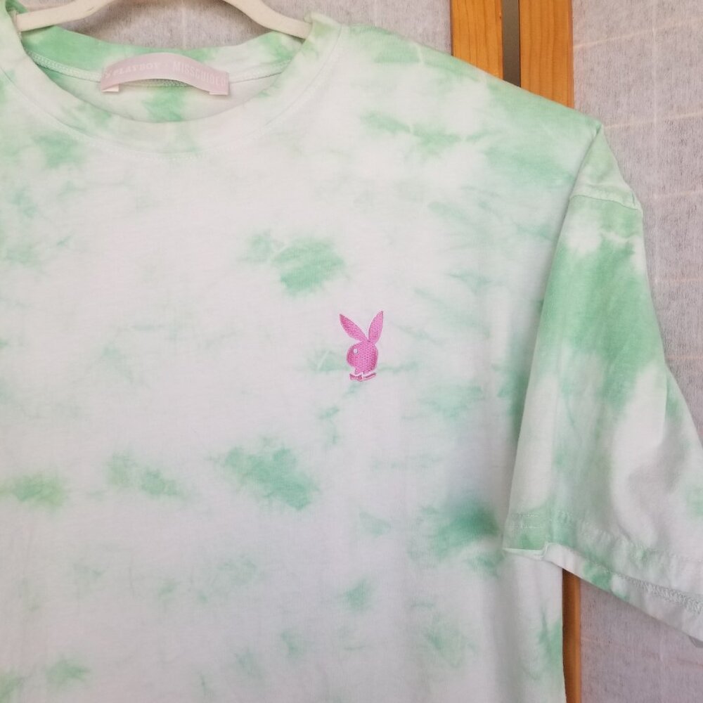 Playboy X Missguided Tie-Dye T-Shirt Oversized Green Pink Playboy Bunny Logo XL